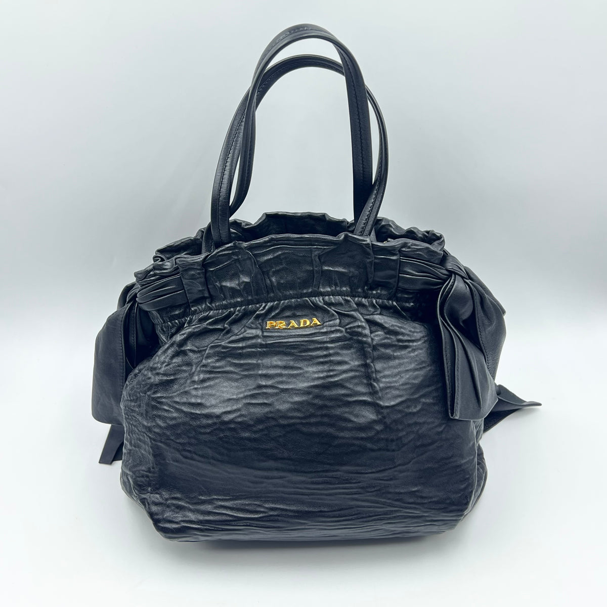 Prada Black Bow Lambskin Leather Satchel Tote