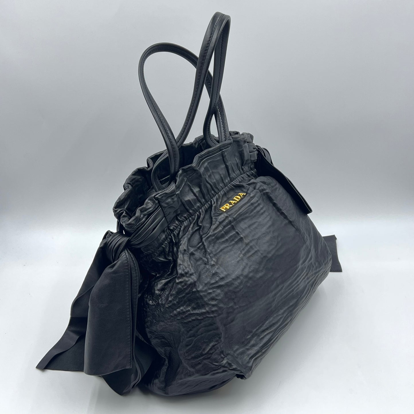 Black Bow Lambskin Leather Satchel Tote