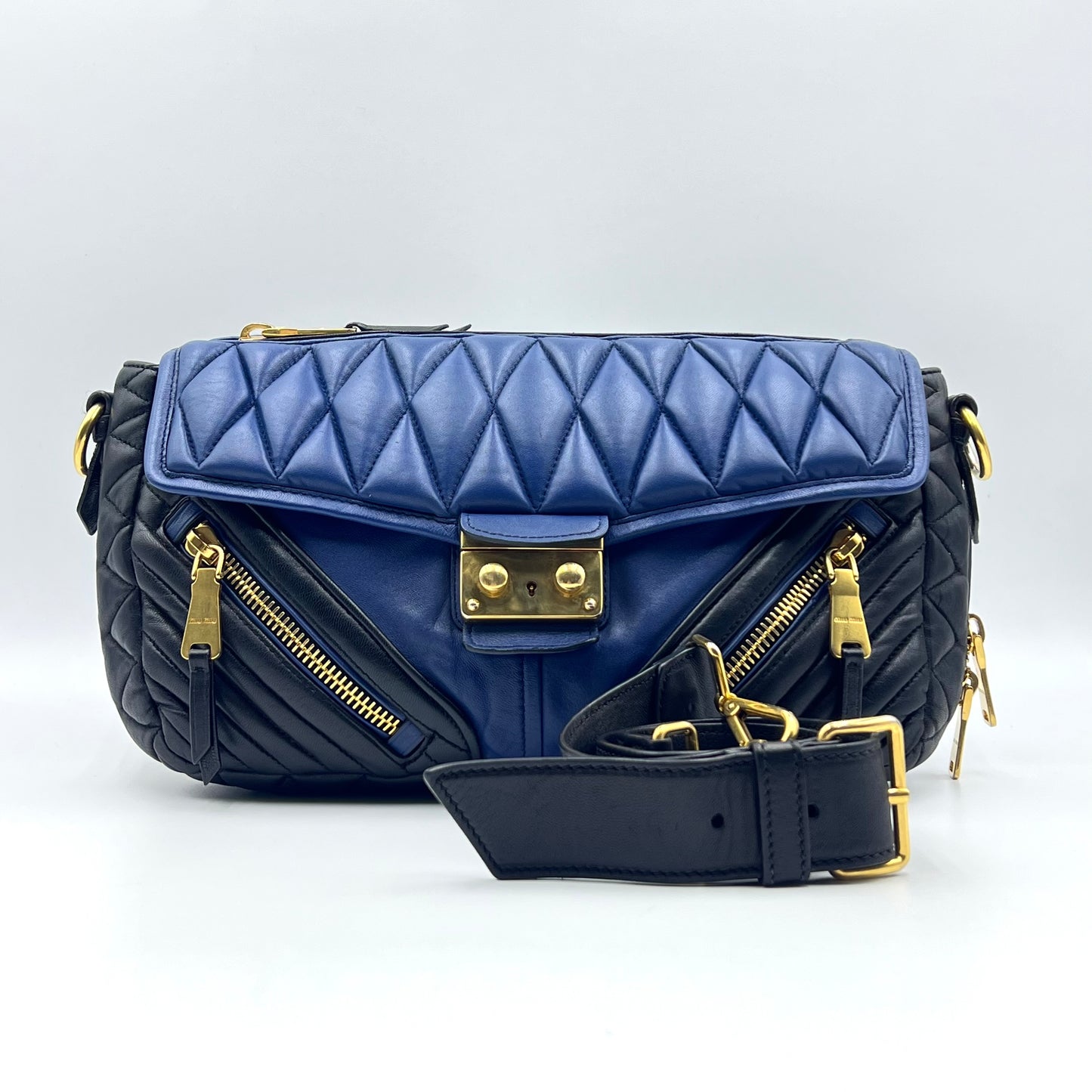 Nappa Biker Shoulder Bag in Blue Black Matelassé Leather Purse Handbag
