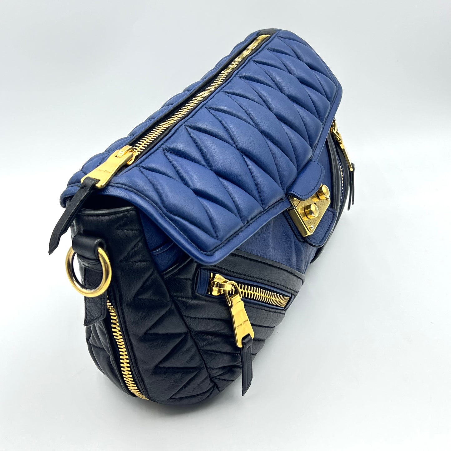 Nappa Biker Shoulder Bag in Blue Black Matelassé Leather Purse Handbag