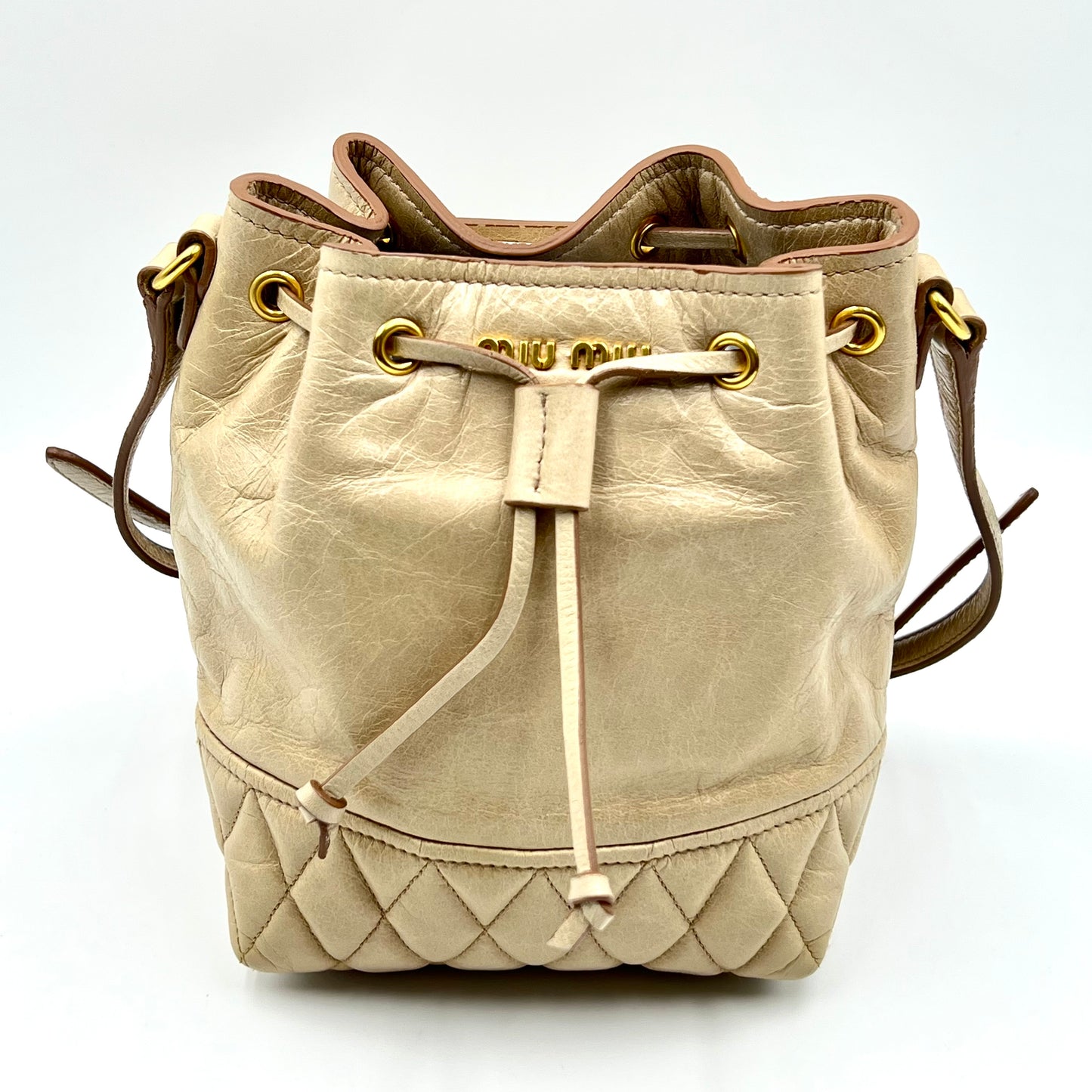 Beige Vitello Shine Leather Drawstring Bucket Bag