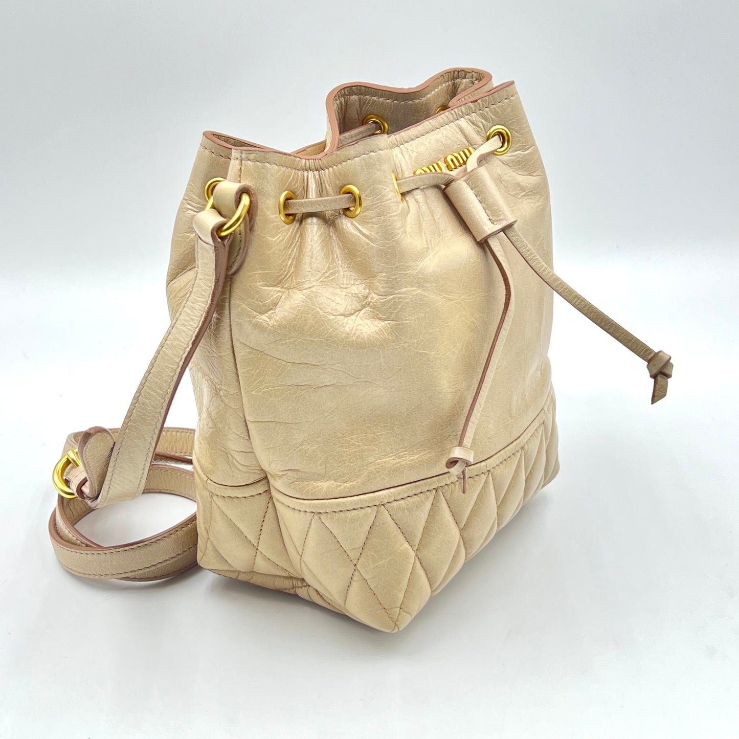Beige Vitello Shine Leather Drawstring Bucket Bag