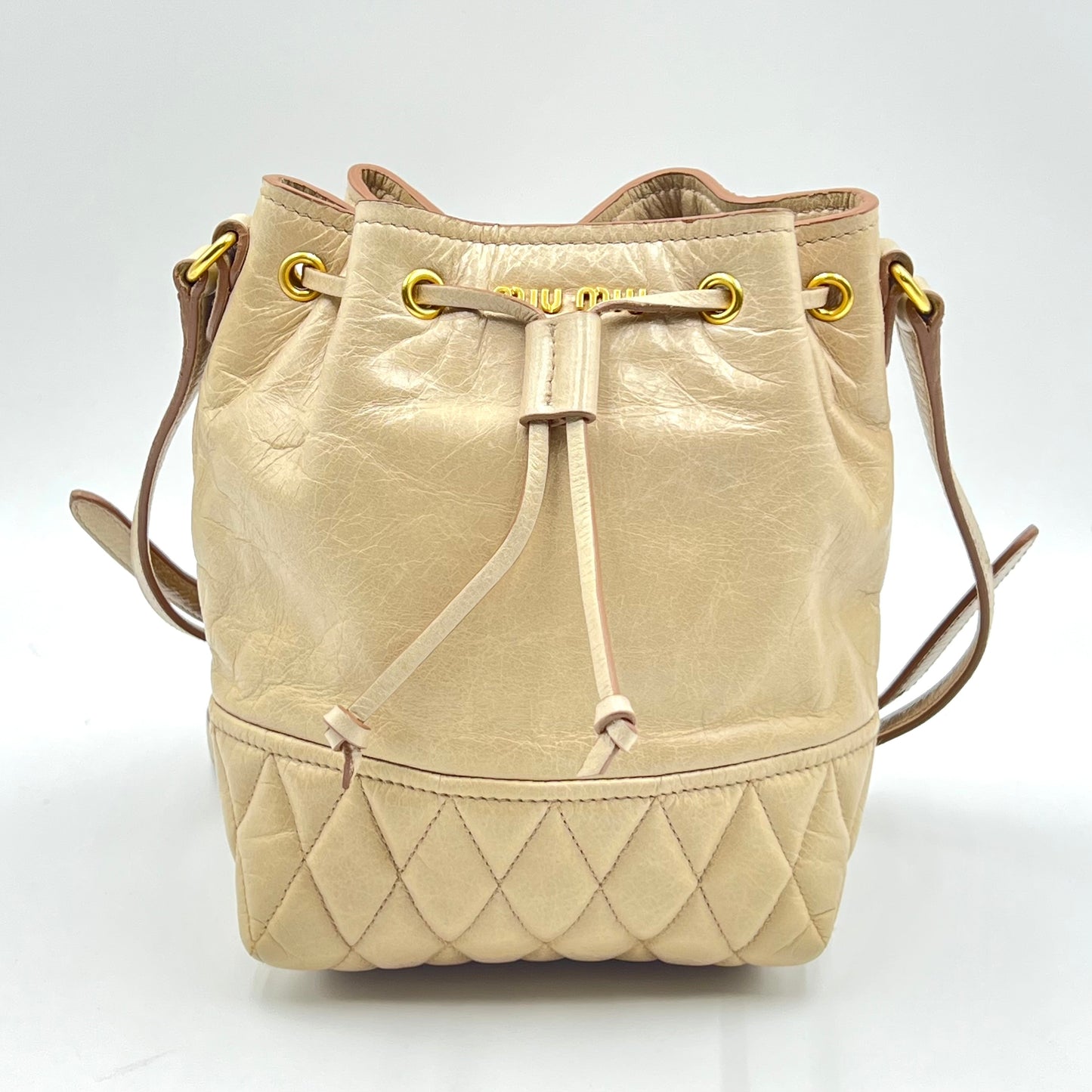 Beige Vitello Shine Leather Drawstring Bucket Bag