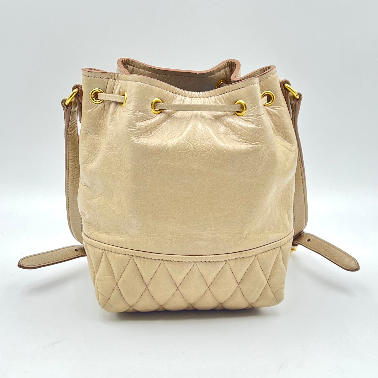 Beige Vitello Shine Leather Drawstring Bucket Bag