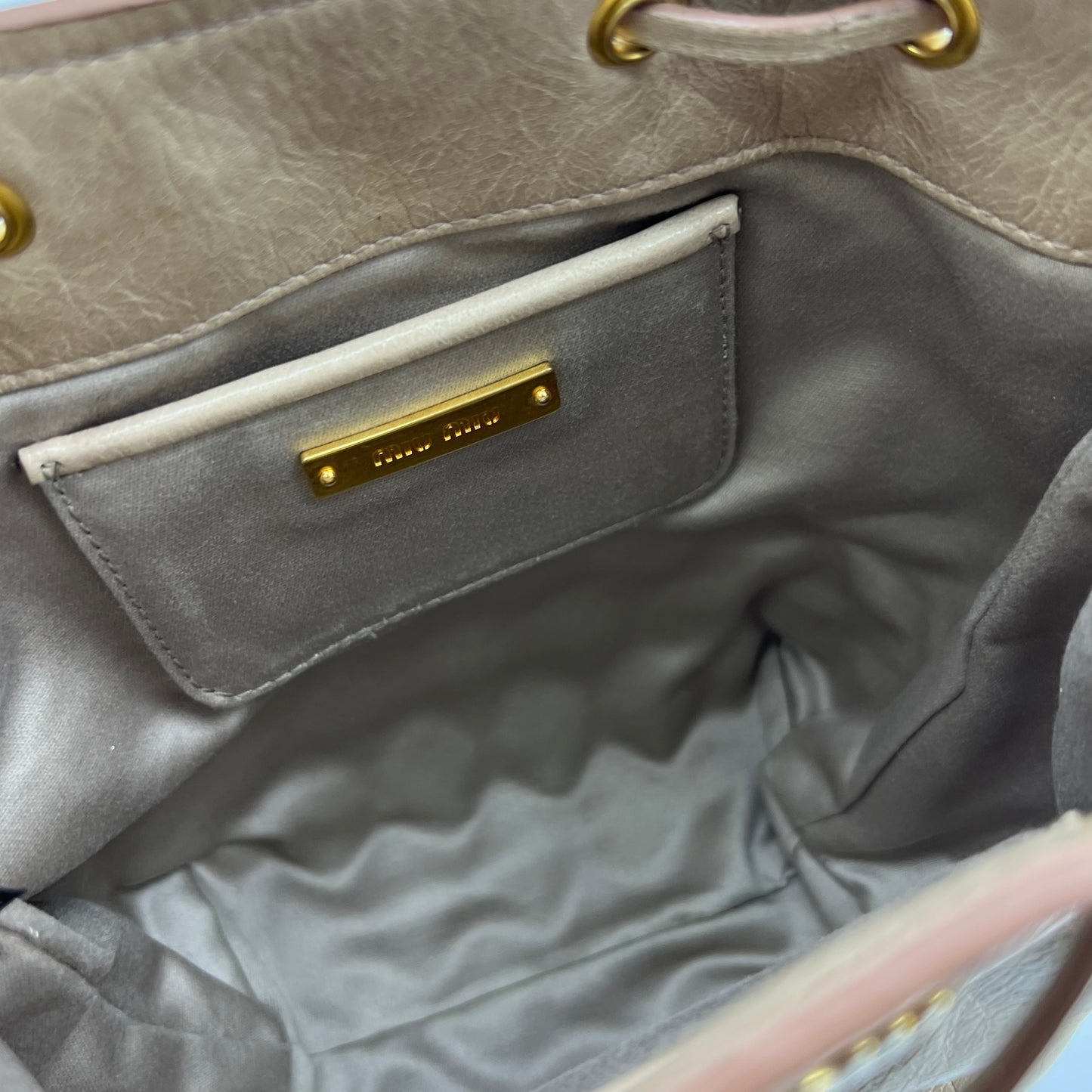 Beige Vitello Shine Leather Drawstring Bucket Bag