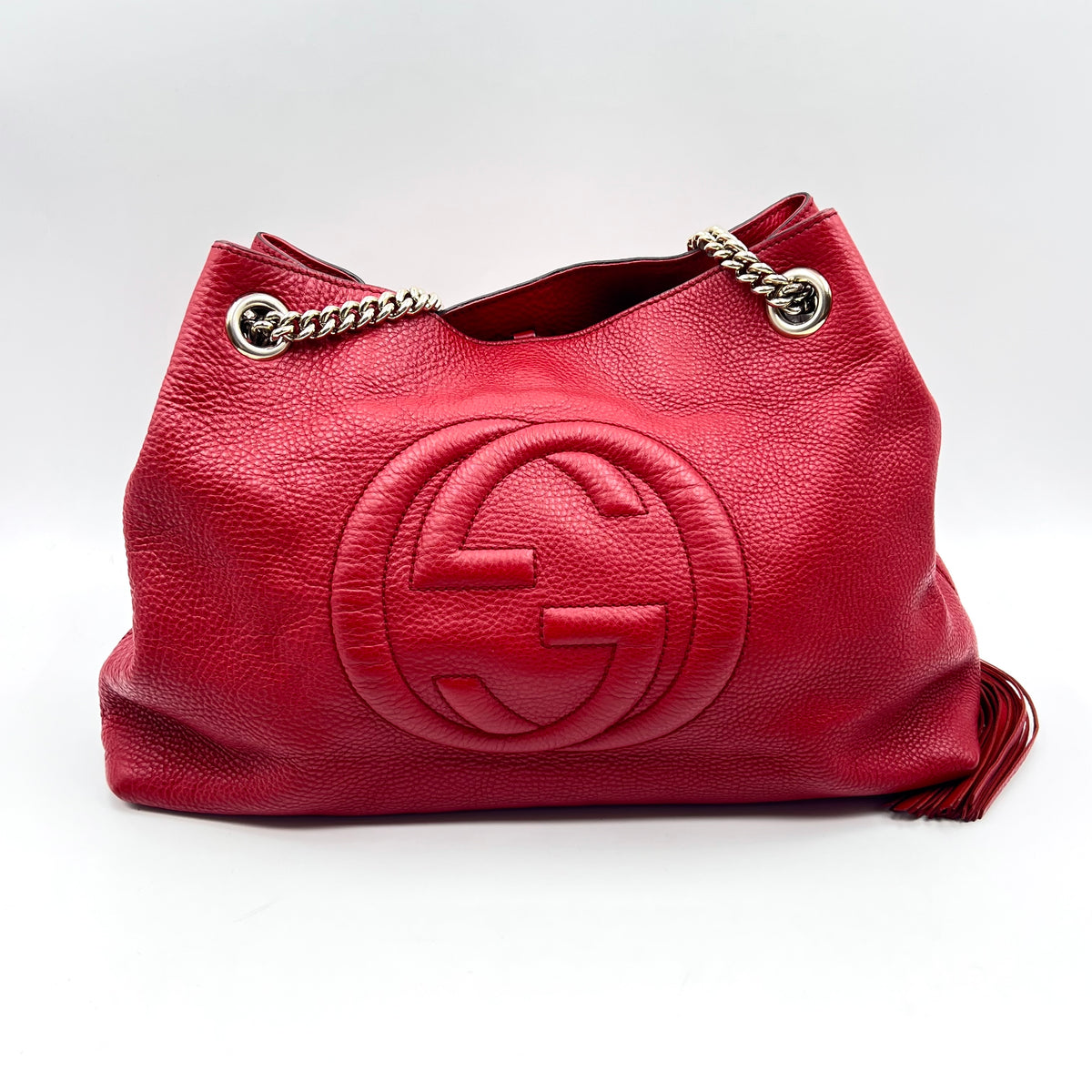 Gucci Red Pebbled Leather Soho Chain Tote Bag
