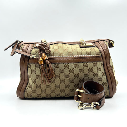Bella Bamboo Handbag GG Pattern Fringe GG Canvas Beige Brown