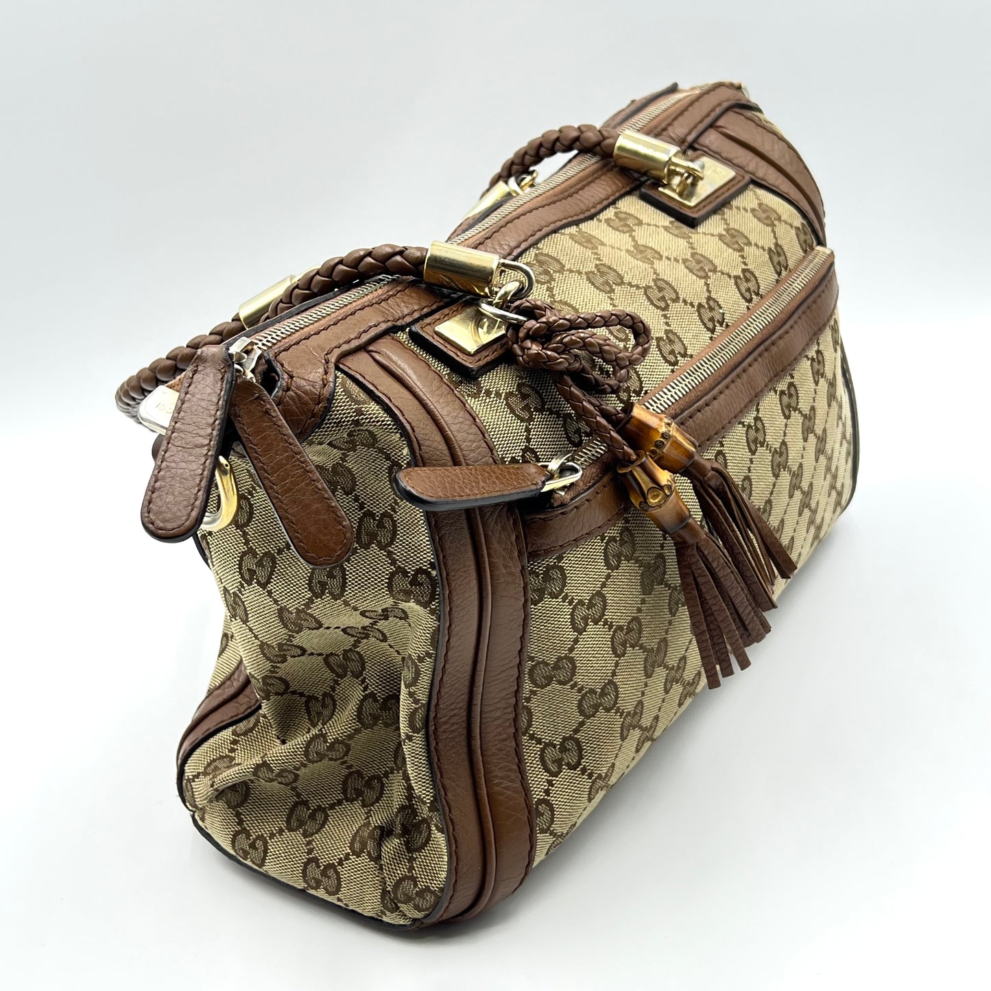 Bella Bamboo Handbag GG Pattern Fringe GG Canvas Beige Brown