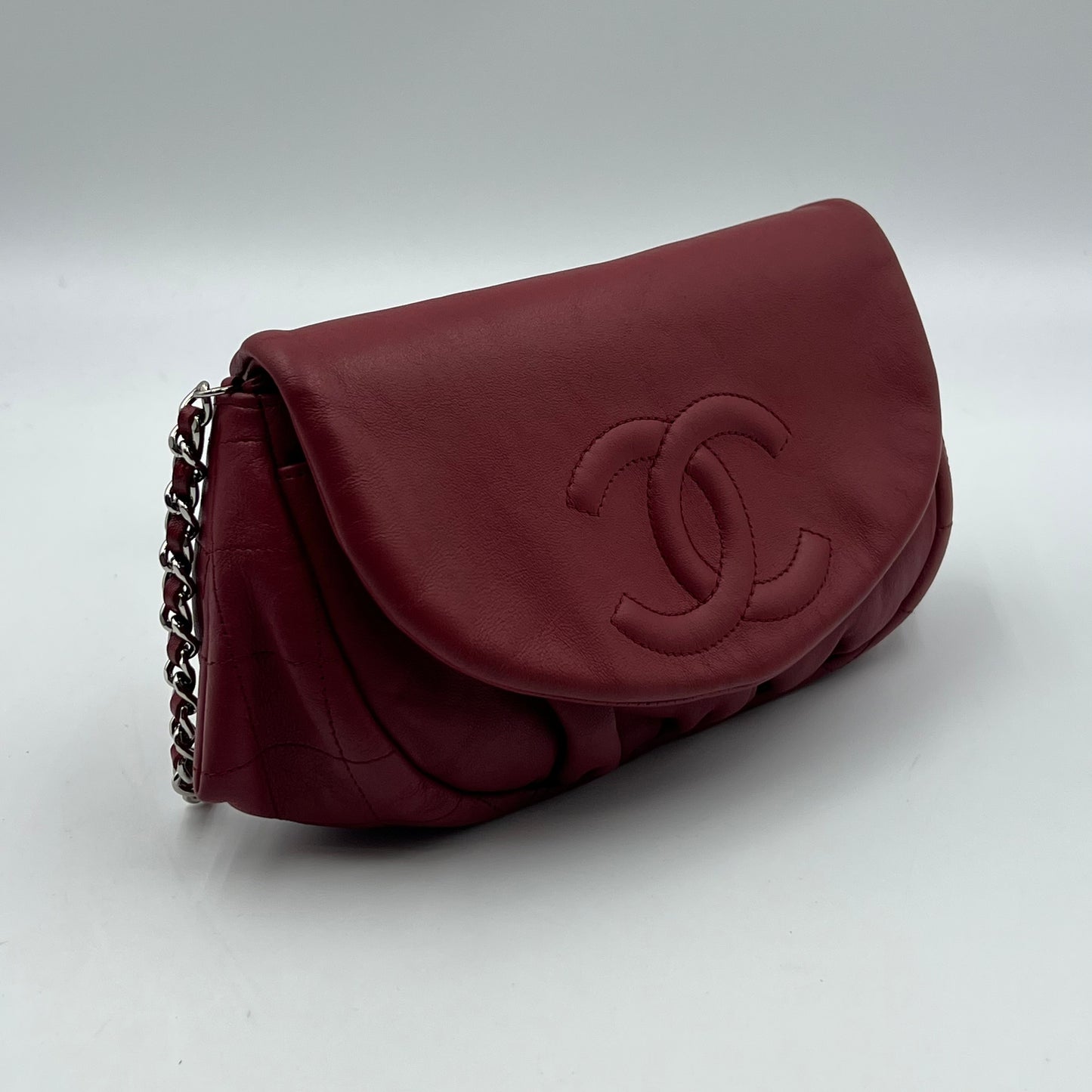 Dark Red Leather Half-Moon WOC Clutch Bag