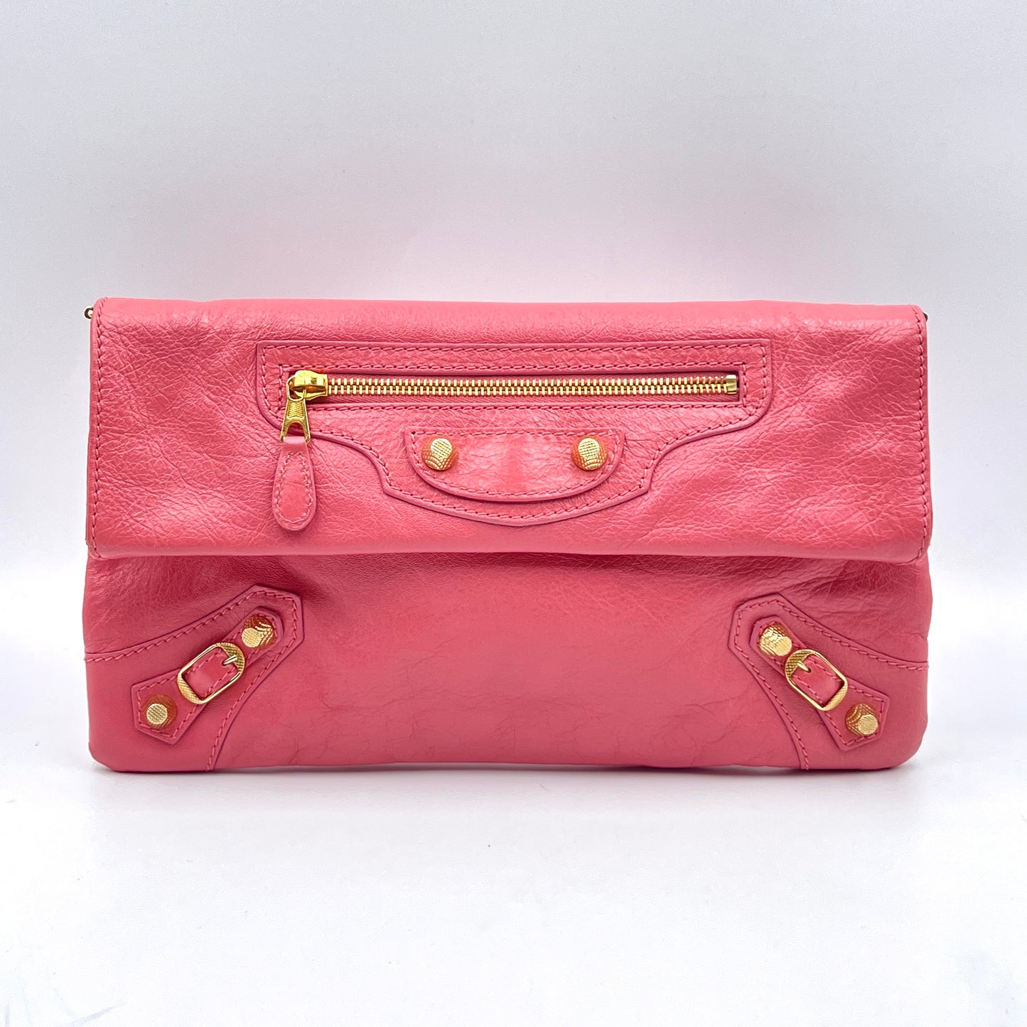 Agneau Giant 12 Gold Hardware Envelope Strap Clutch Rose Azalee