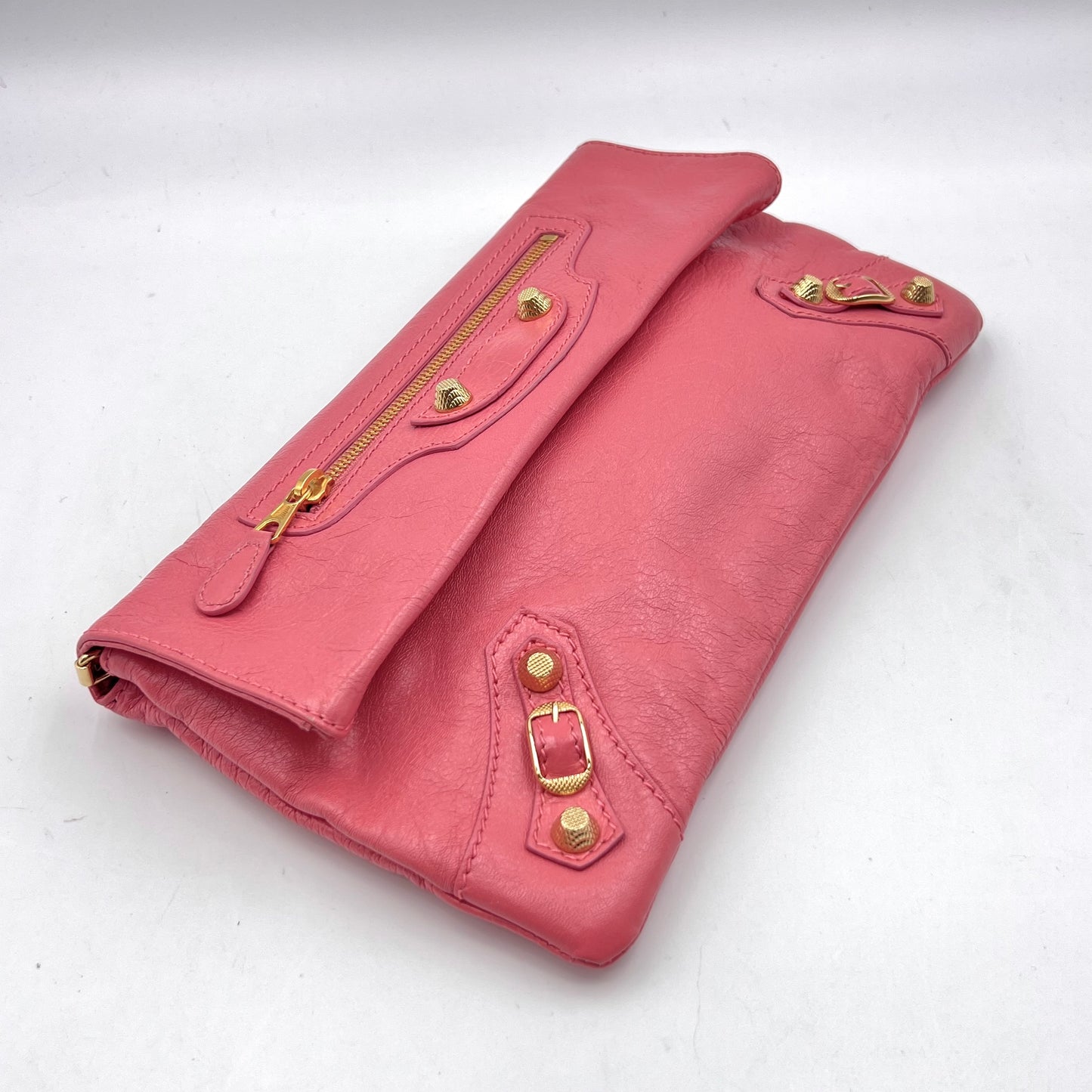 Agneau Giant 12 Gold Hardware Envelope Strap Clutch Rose Azalee