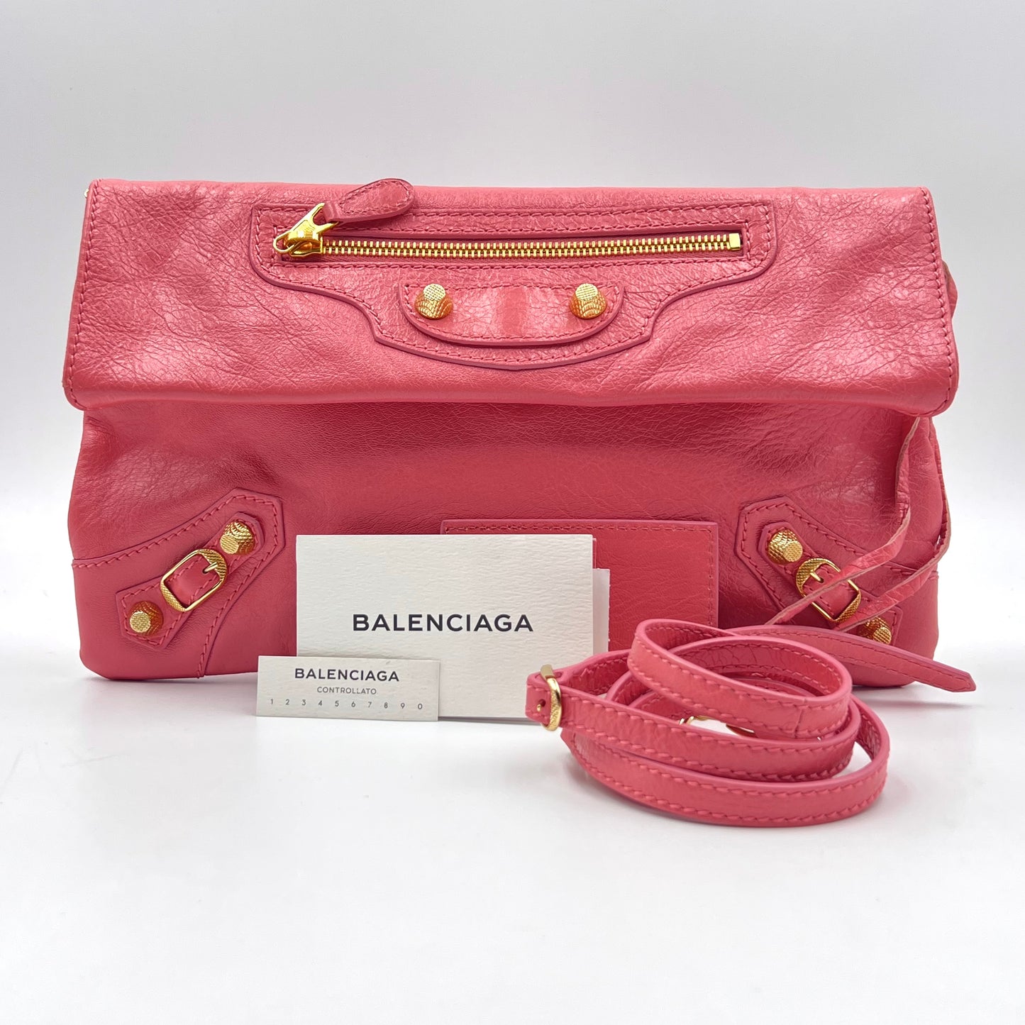 Agneau Giant 12 Gold Hardware Envelope Strap Clutch Rose Azalee