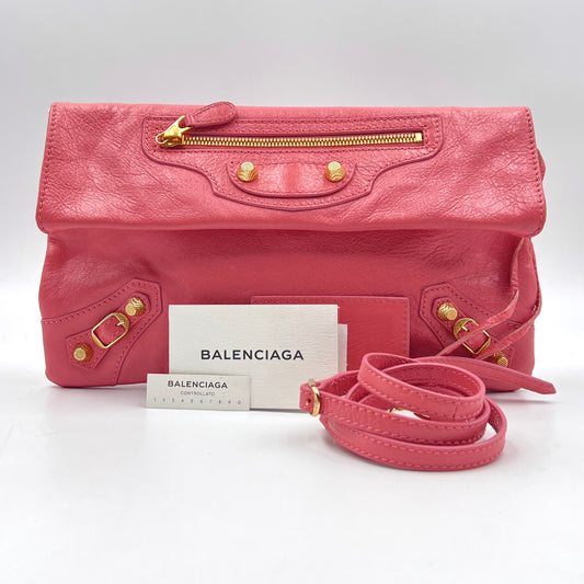 Agneau Giant 12 Gold Hardware Envelope Strap Clutch Rose Azalee