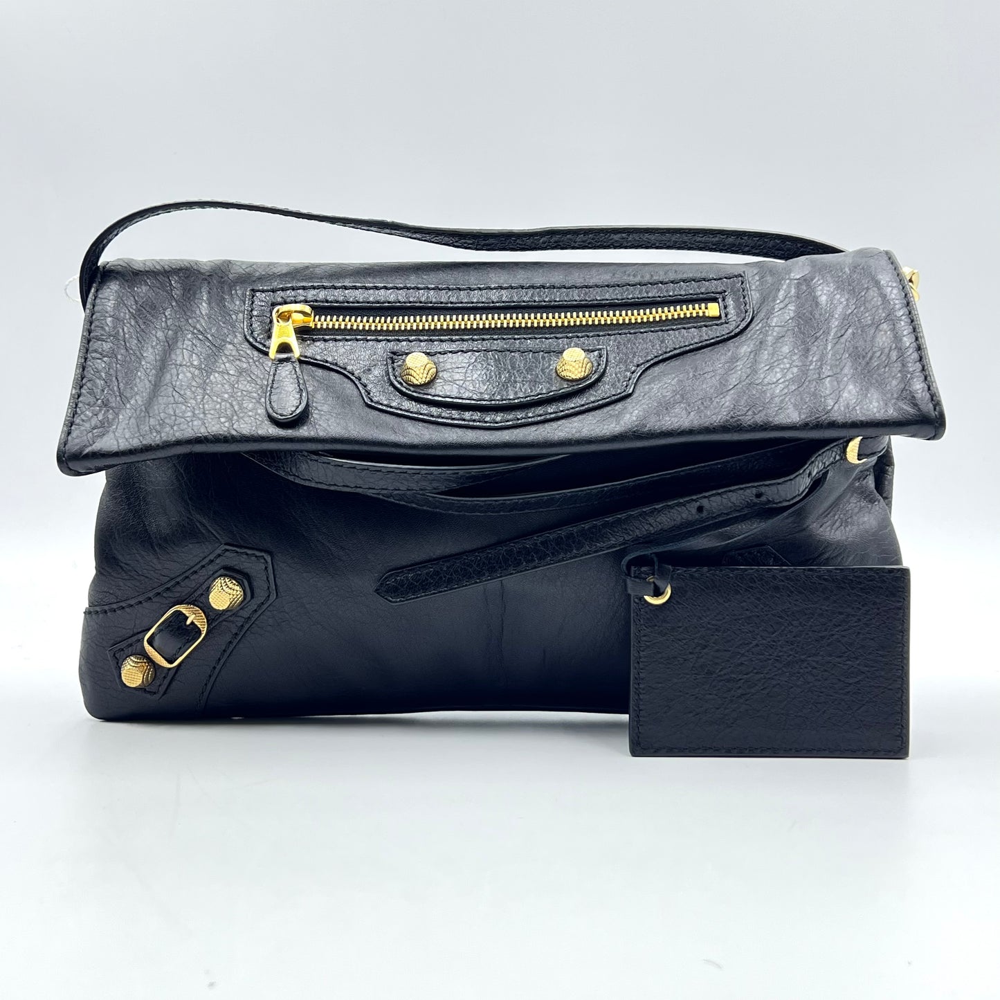 Black Lambskin Leather Giant 12 Gold Envelope Clutch Crossbody w/ Strap Bag