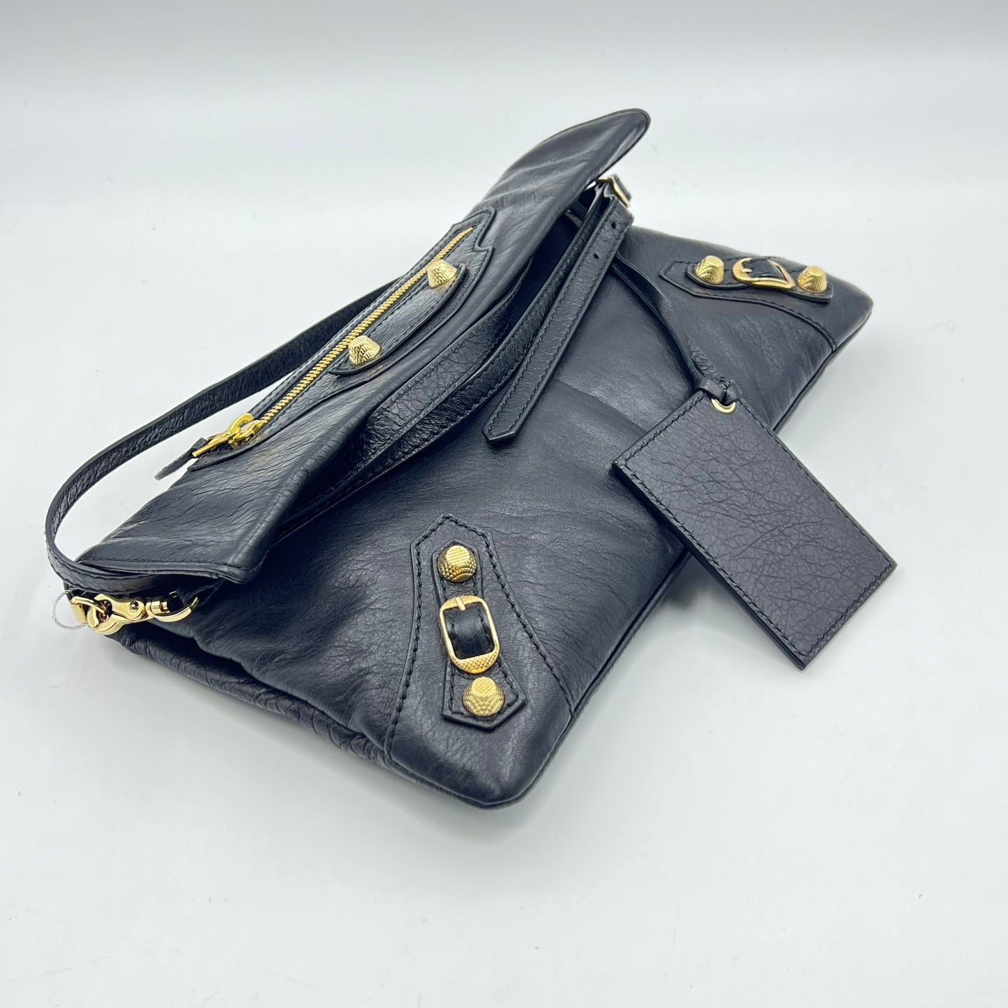 Black Lambskin Leather Giant 12 Gold Envelope Clutch Crossbody w/ Strap Bag