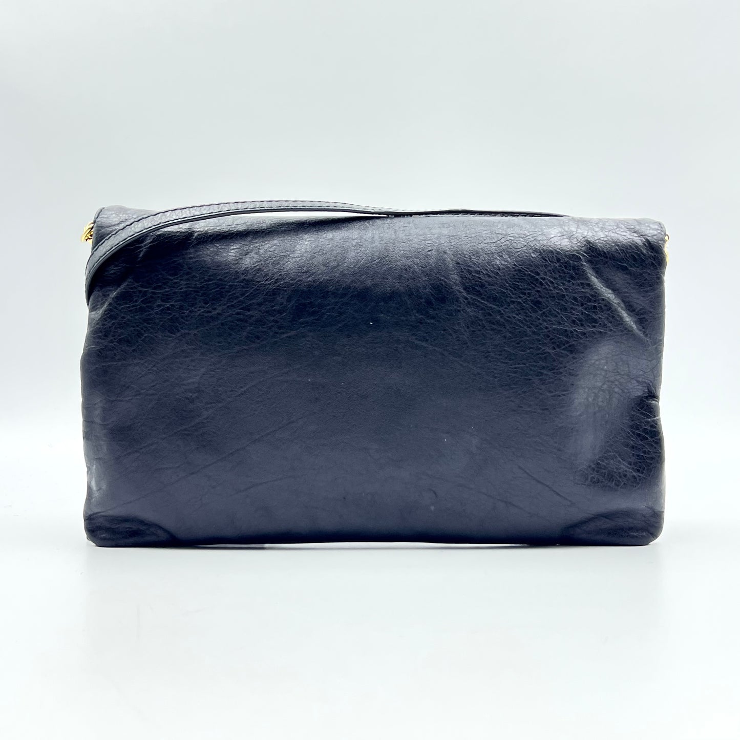 Black Lambskin Leather Giant 12 Gold Envelope Clutch Crossbody w/ Strap Bag