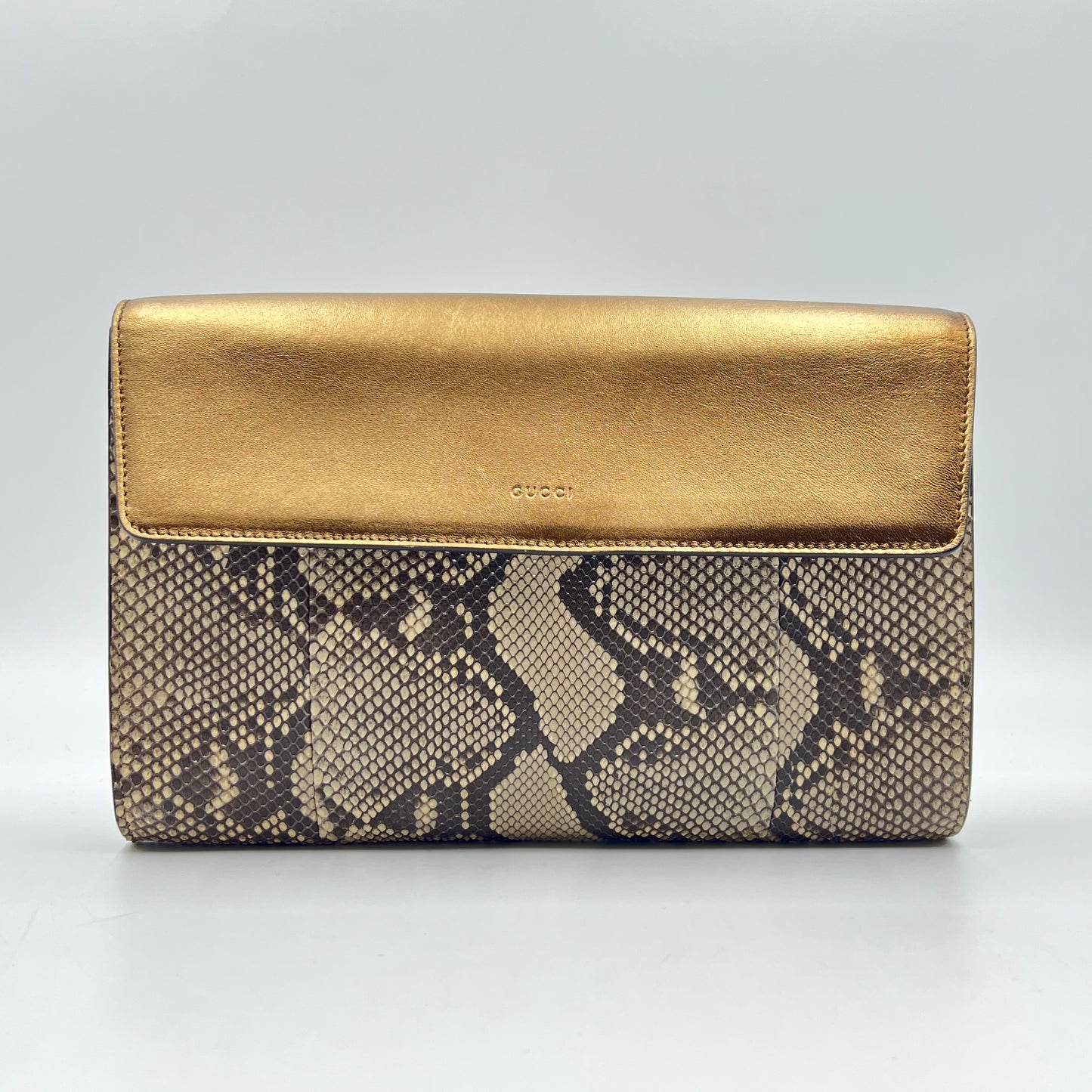 python leather clutch with metallic flap Brown