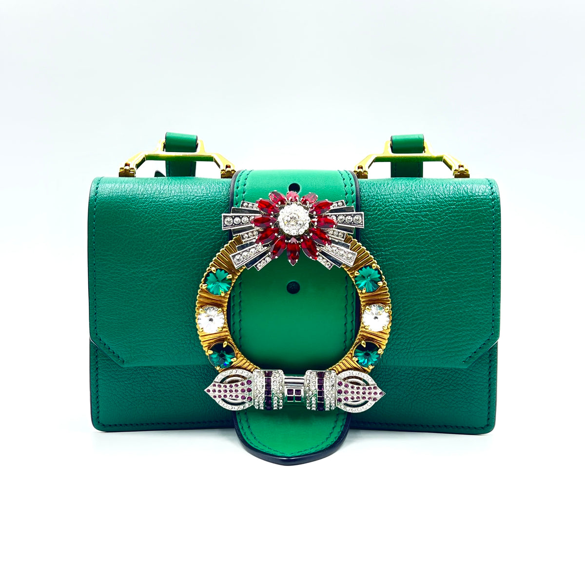 Miu Miu Madras Leather Crystal Embellished Buckle Flap Shoulder Bag green