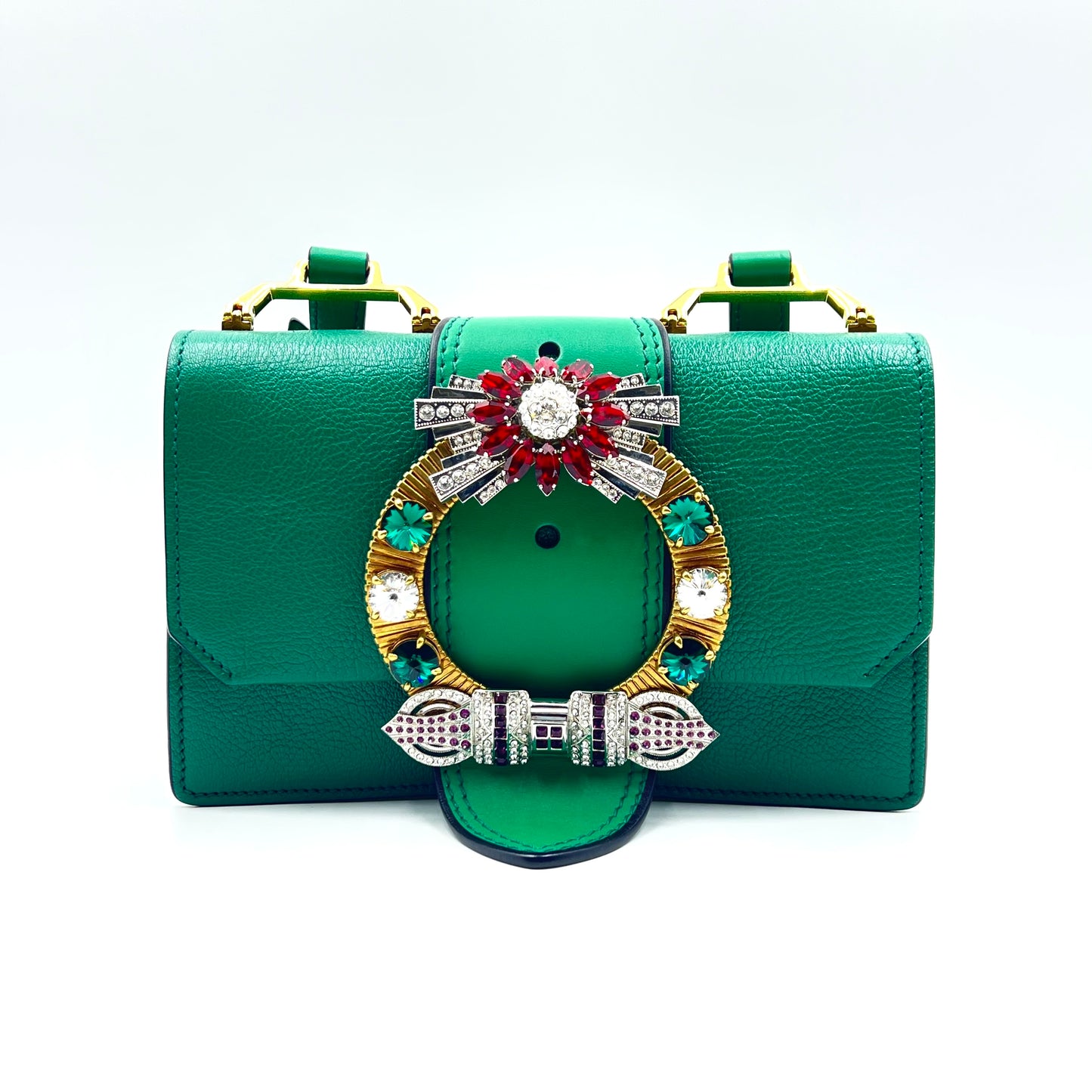 Madras Leather Crystal Embellished Buckle Flap Shoulder Bag green