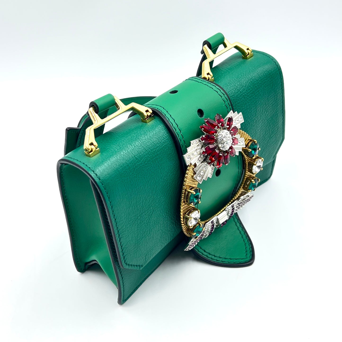 Madras Leather Crystal Embellished Buckle Flap Shoulder Bag green
