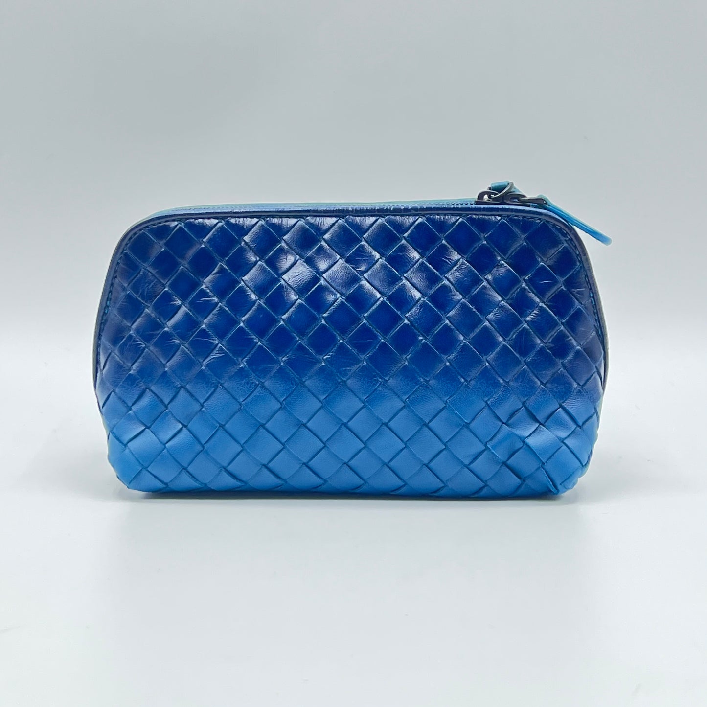 Blue Intrecciato Woven Leather Cosmetic Bag