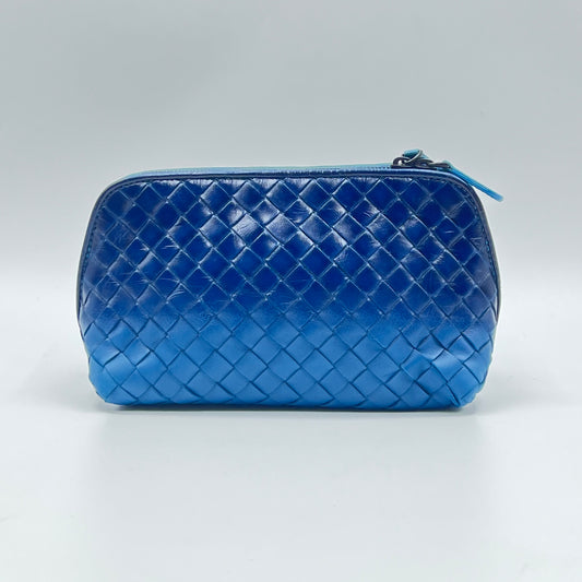 Blue Intrecciato Woven Leather Cosmetic Bag