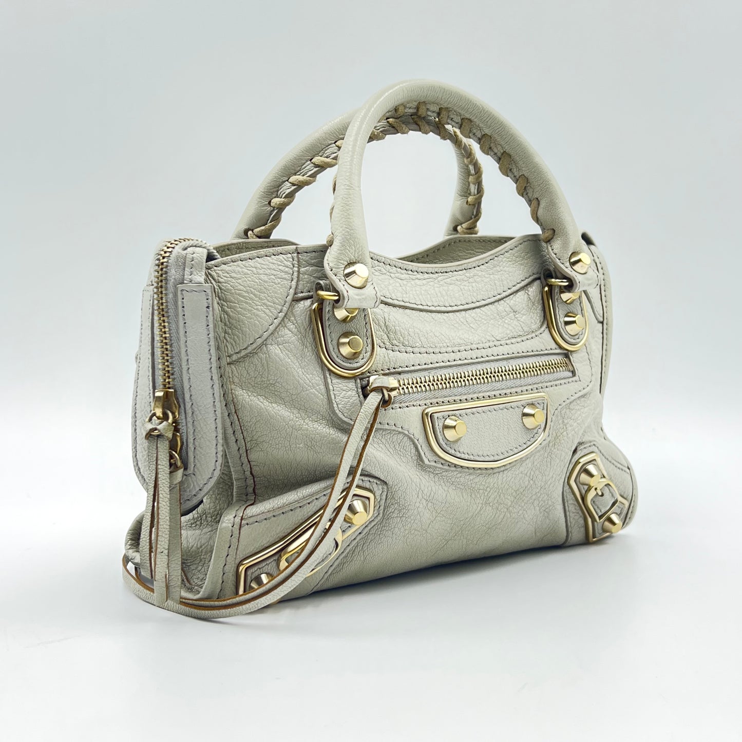 Light Grey Chevre Leather Metallic Edge Mini City Bag