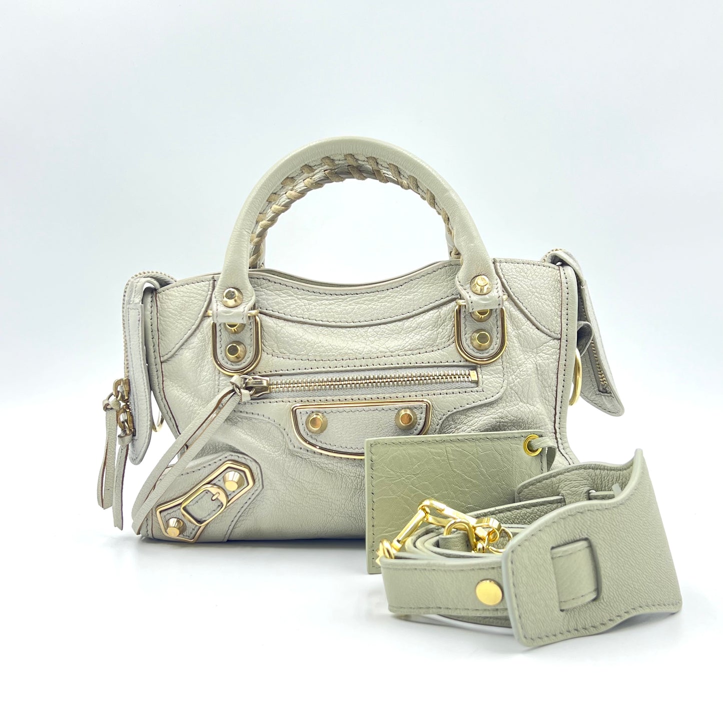Light Grey Chevre Leather Metallic Edge Mini City Bag