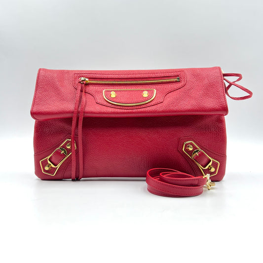 Rouge Grenade Chevre Leather Metallic Edge Envelope Clutch Crossbody Bag w/ Strap