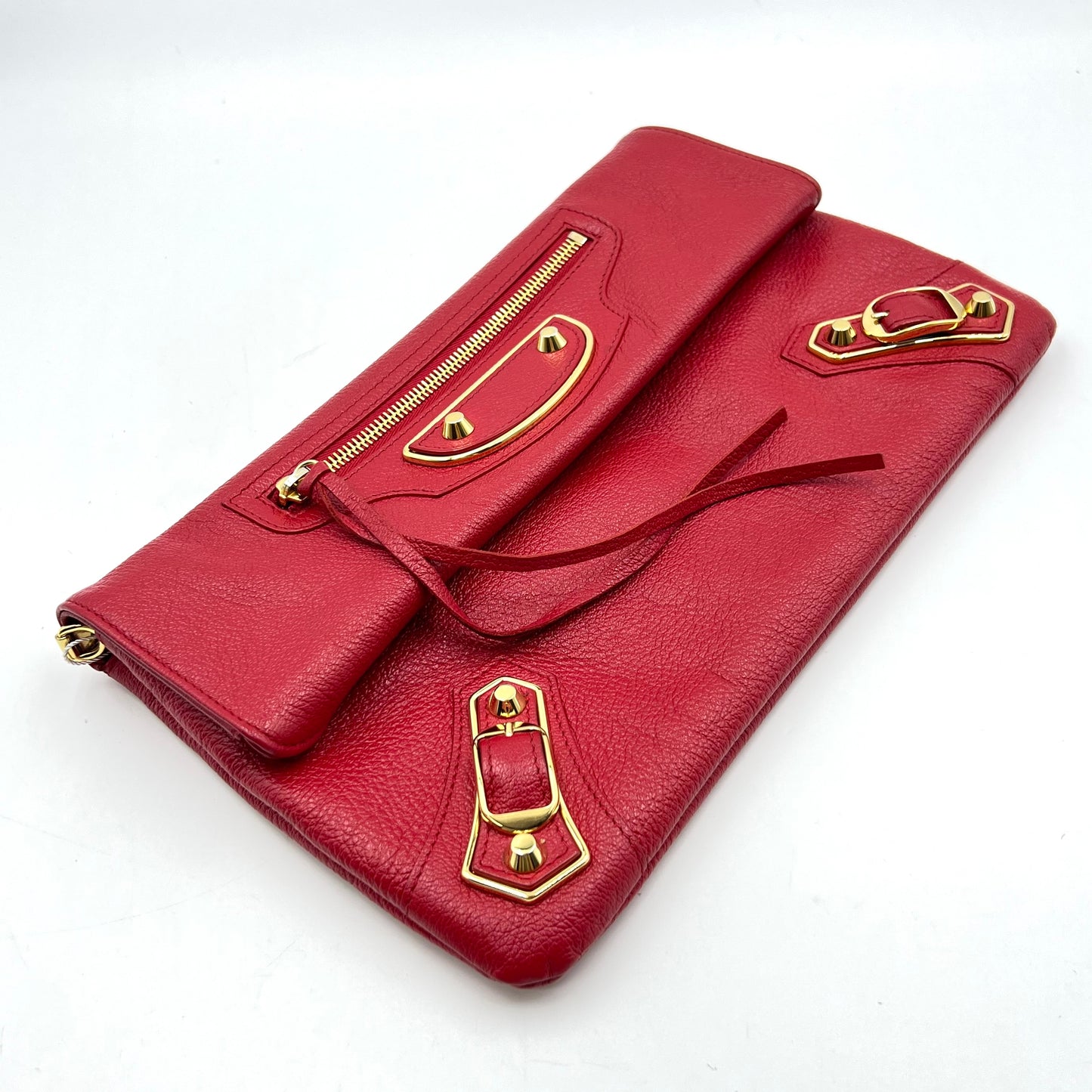 Rouge Grenade Chevre Leather Metallic Edge Envelope Clutch Crossbody Bag w/ Strap