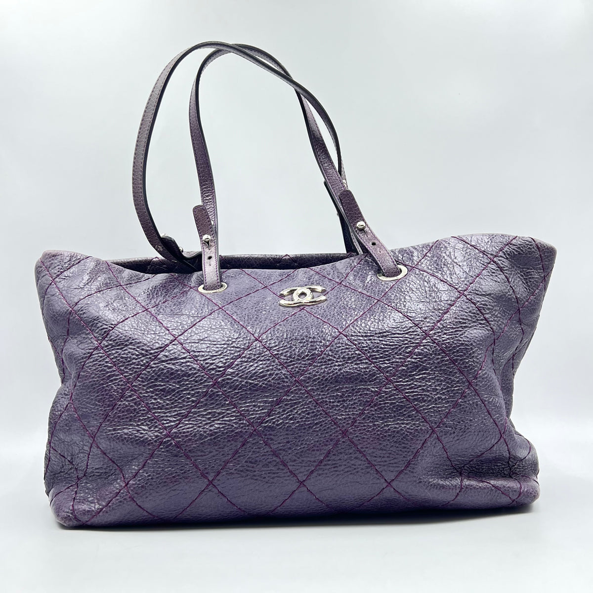 Purple Quilted Glazed Leather On-the-Road Tote Bag
