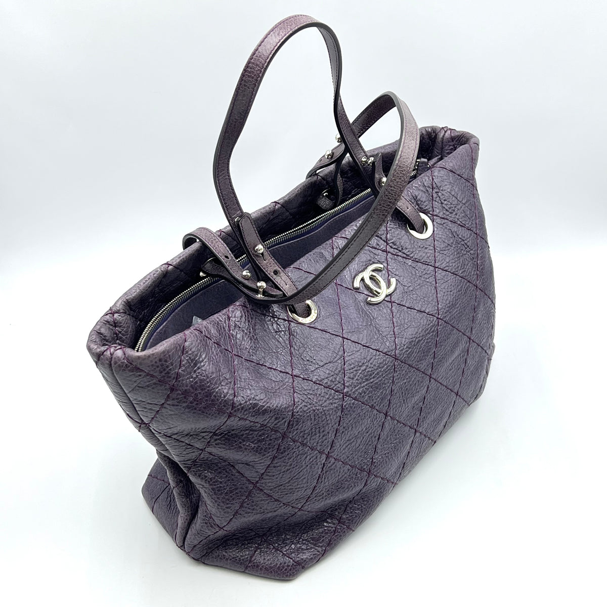 Purple Quilted Glazed Leather On-the-Road Tote Bag