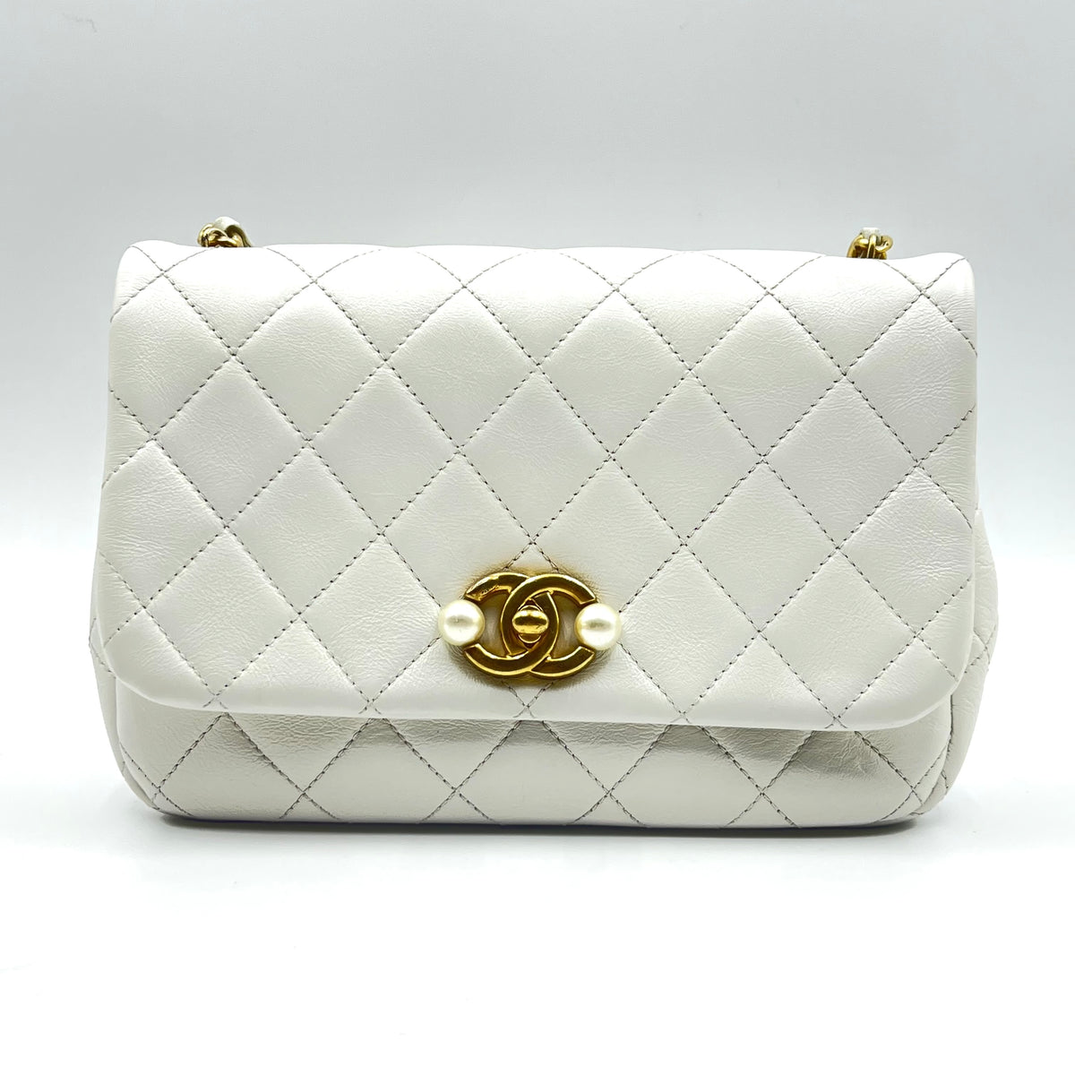 Mini Pearl Chain White Calfskin Leather Shoulder Bag Year 2022 Mini Pearl Chain White Calfskin Leather Shoulder Bag Year 2022, view 2 of 8