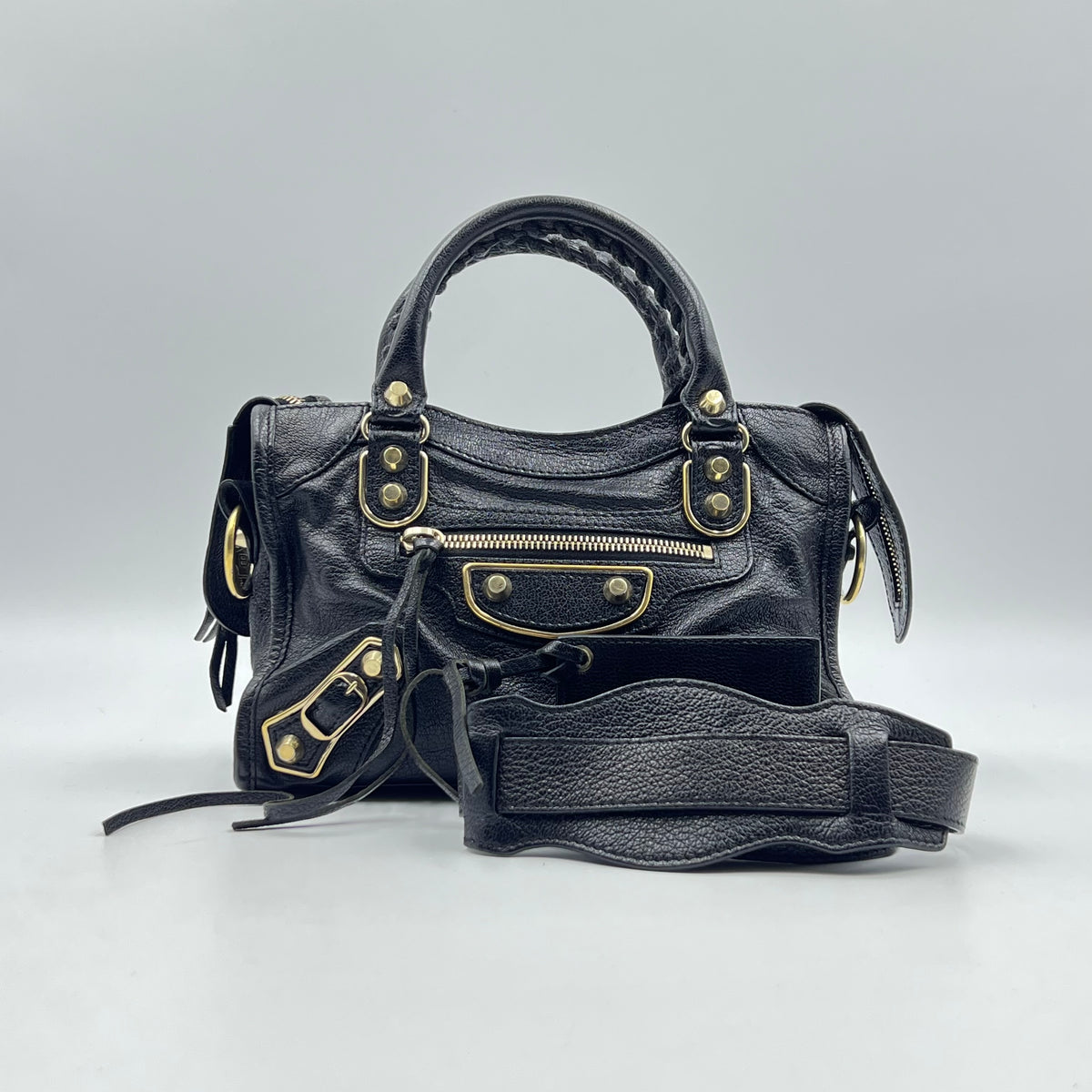 Balenciaga Chevre Gold Metallic Edge Hardware Mini City Black