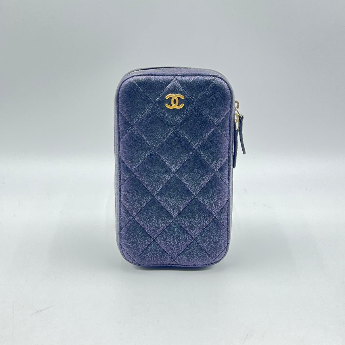 Chanel Caviar Phone Holder Vertical Zip Clutch on Chain Gold Hardware