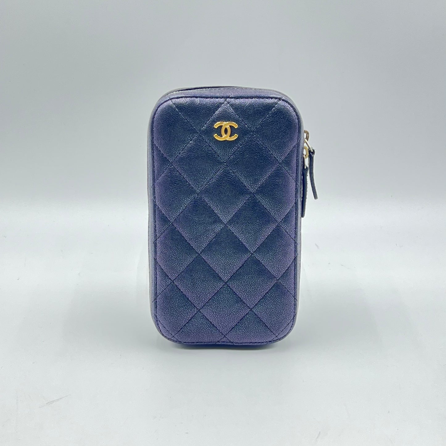 Caviar Phone Holder Vertical Zip Clutch on Chain Gold Hardware