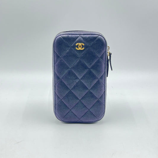 Caviar Phone Holder Vertical Zip Clutch on Chain Gold Hardware