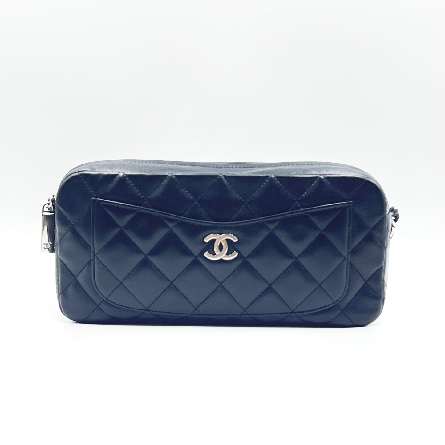 Pocket Quilted Lambskin Leather Chain Shoulder Bag Black
