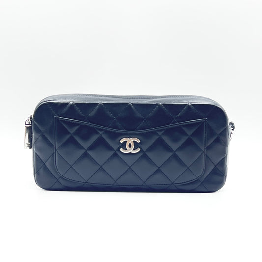 Pocket Quilted Lambskin Leather Chain Shoulder Bag Black