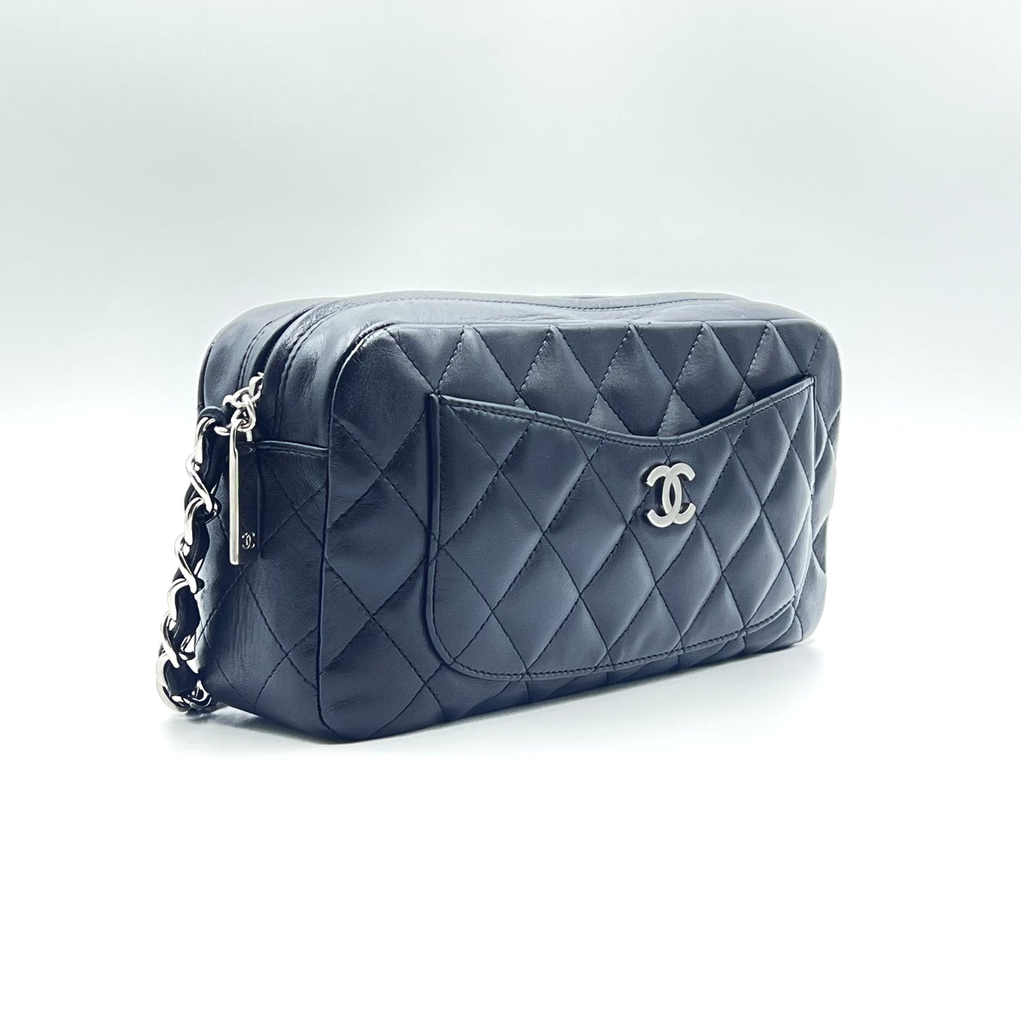 Pocket Quilted Lambskin Leather Chain Shoulder Bag Black
