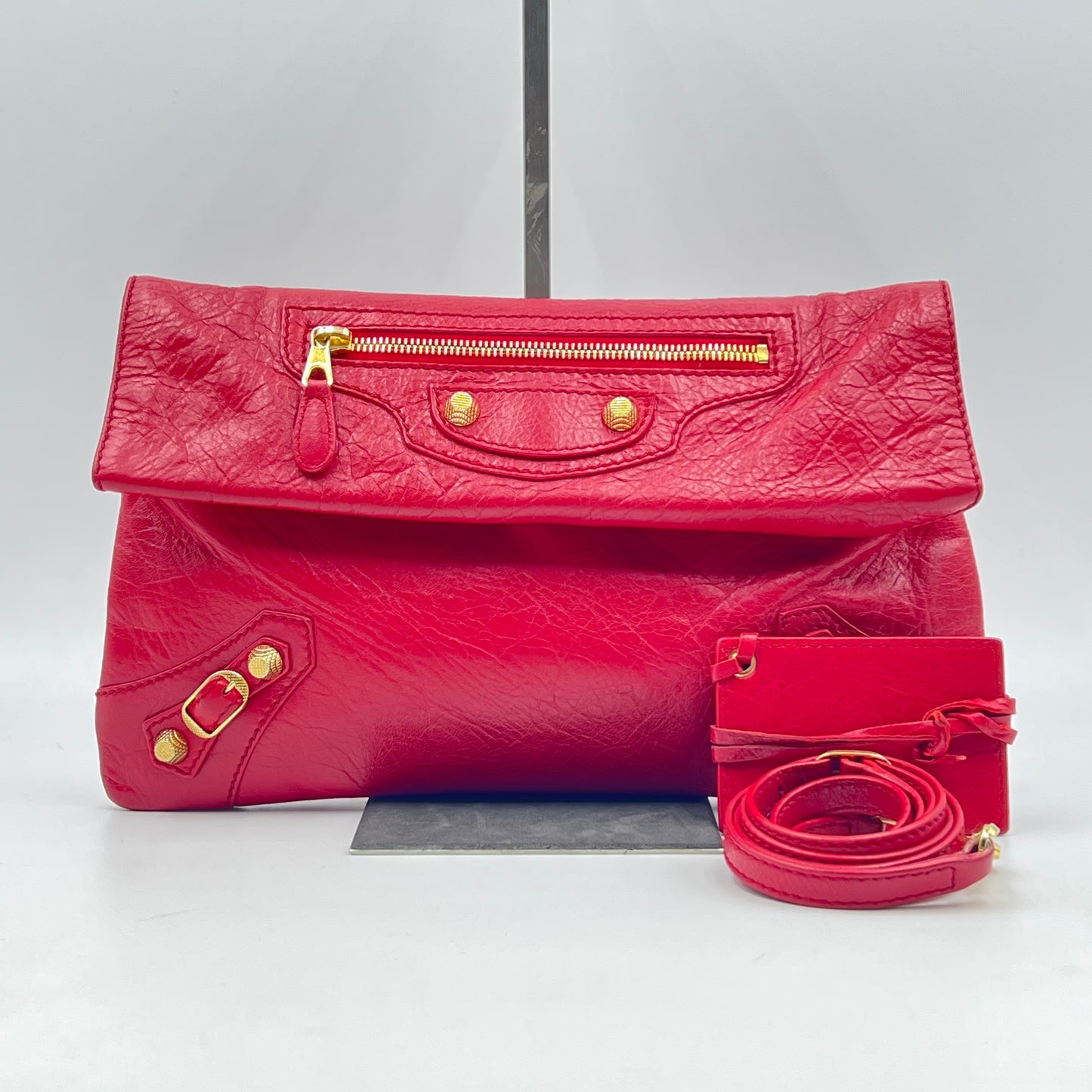 Classic Studs Envelope Strap Clutch Crossbody Leather Red