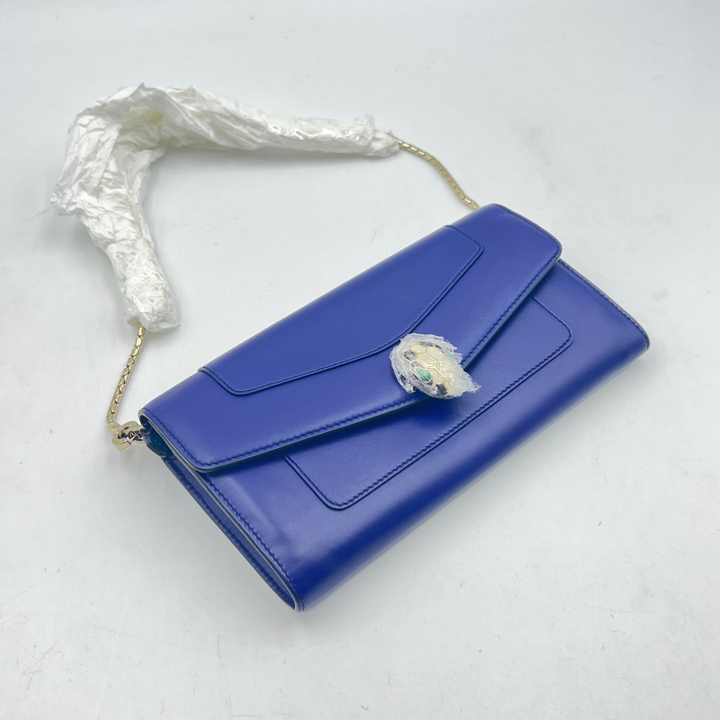 Bvlgari Blue Leather Serpenti Forever Flap Wallet on Chain