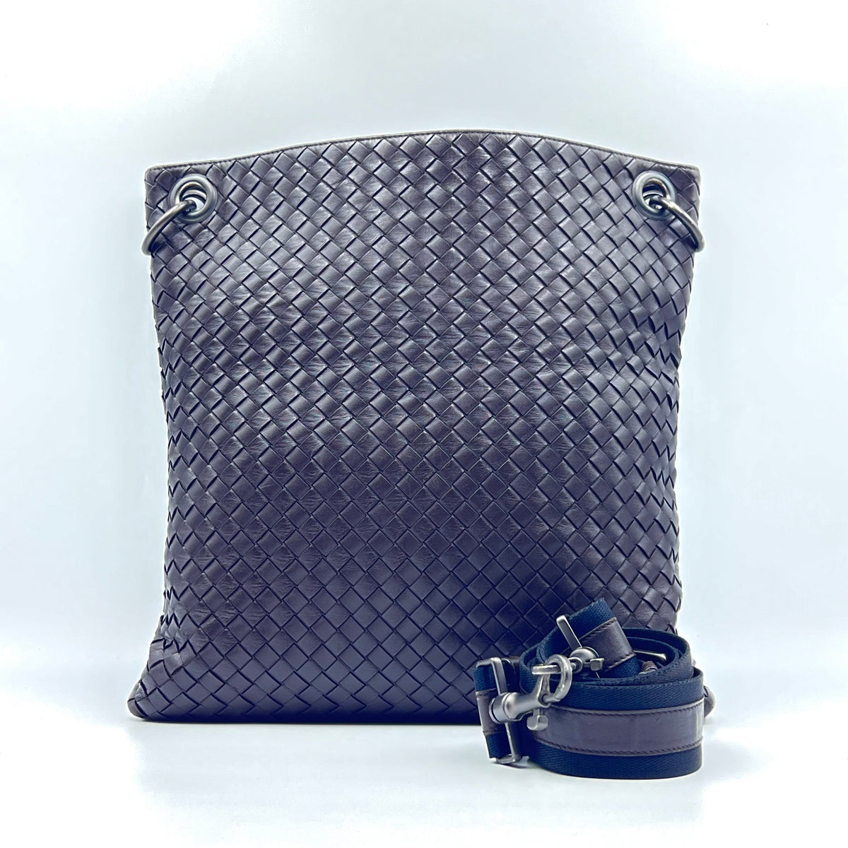 Bottega Veneta Intrecciato Leather Flat Messenger Bag Brown