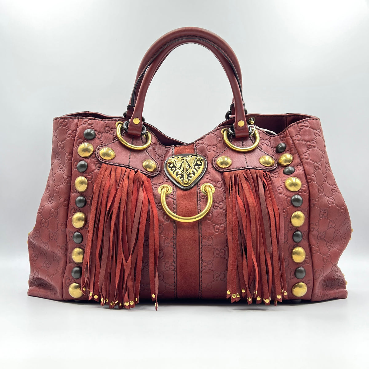 Gucci Red Leather and Suede Large Studded Babouska Fringe Tote