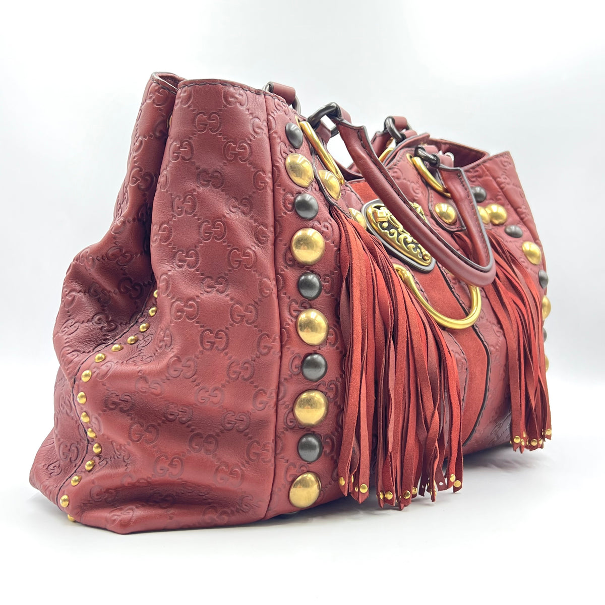 Gucci Red Leather and Suede Large Studded Babouska Fringe Tote