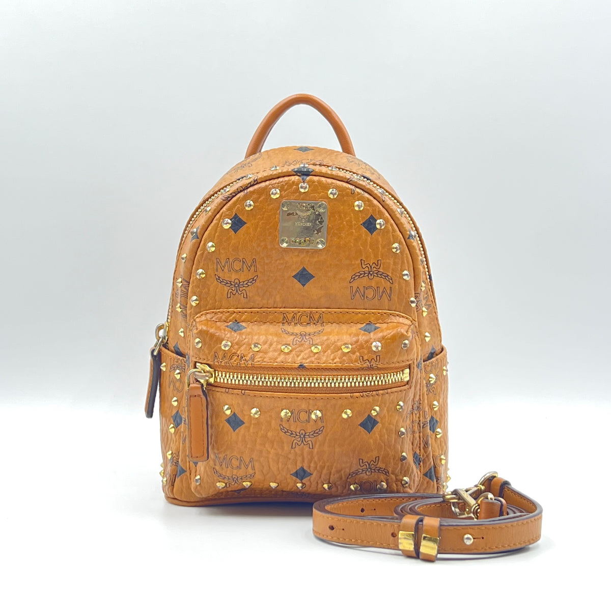 Gold Born Visetos Side Stud X-Mini Stark Bebe Boo Backpack Cognac
