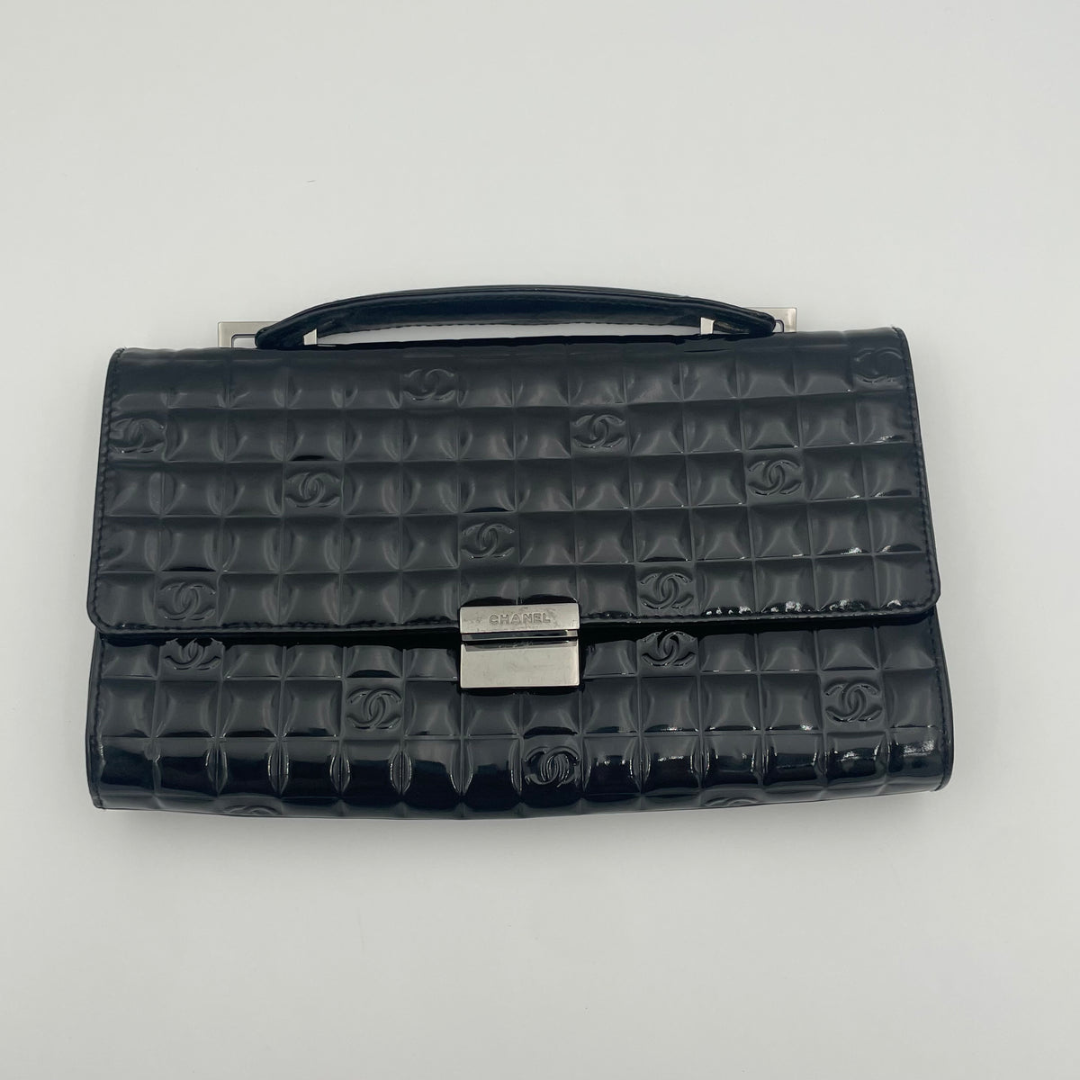 Chanel Chocolate Bar CC Handle Clutch Quilted Patent