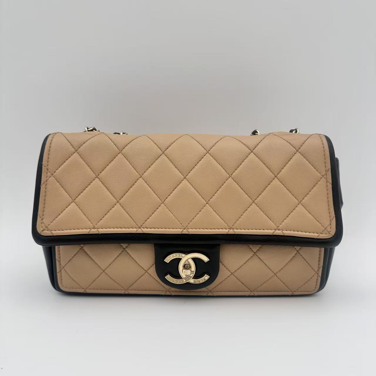 Black/Beige Quilted Lambskin Leather Graphic Medium Flap Bag