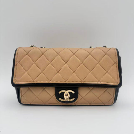 Black/Beige Quilted Lambskin Leather Graphic Medium Flap Bag