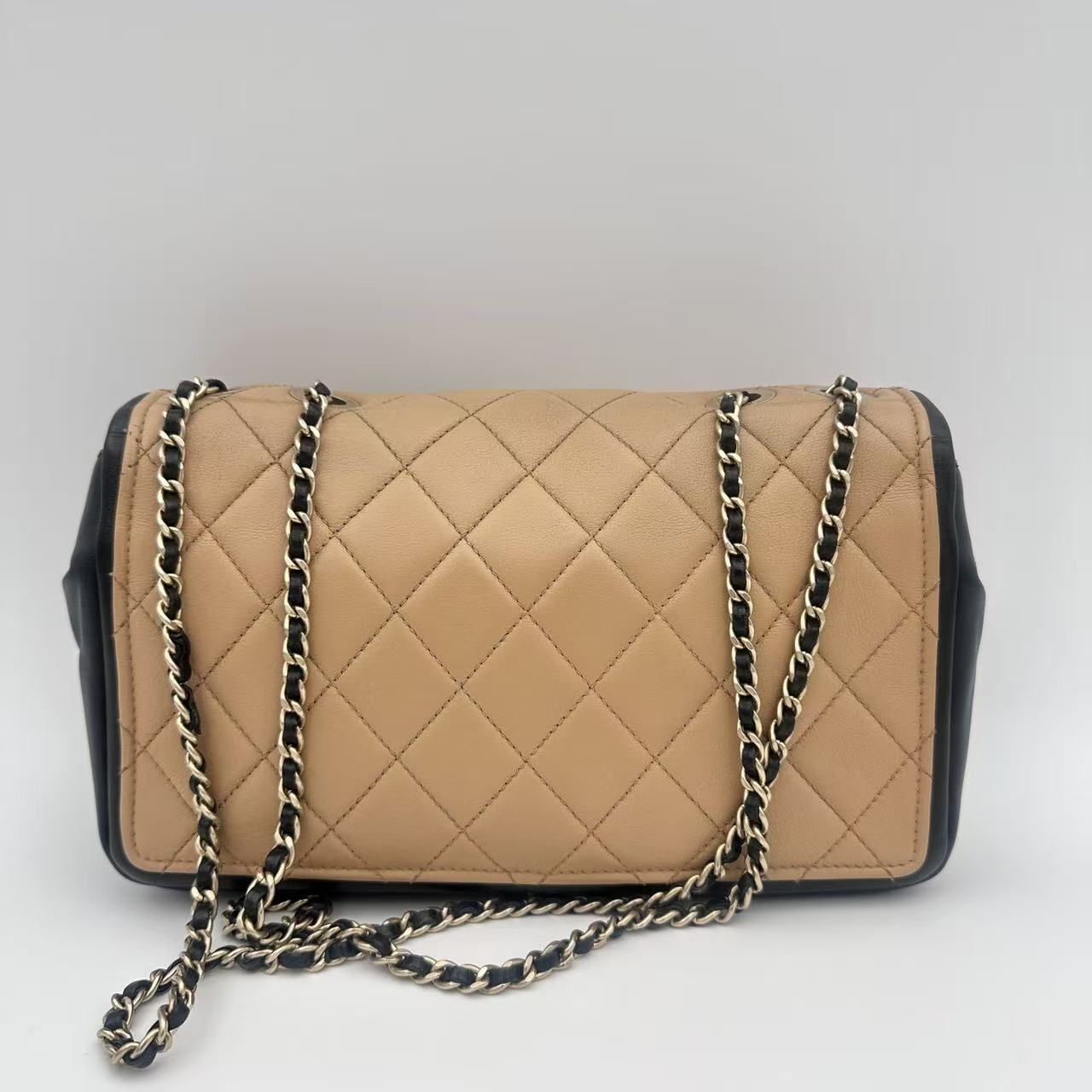 Black/Beige Quilted Lambskin Leather Graphic Medium Flap Bag